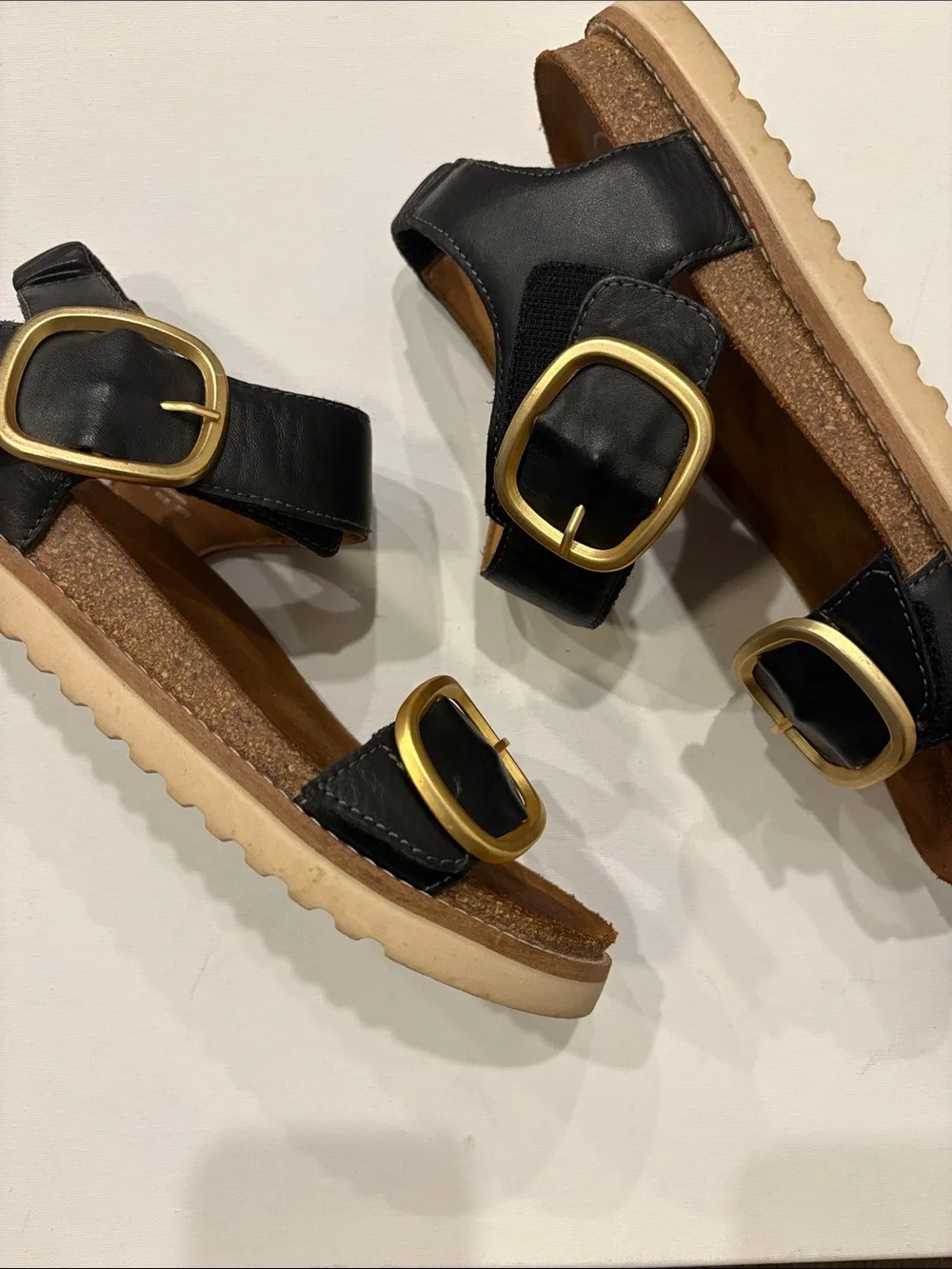 Taos On the Double Black Leather Sandals with Gold Buckles